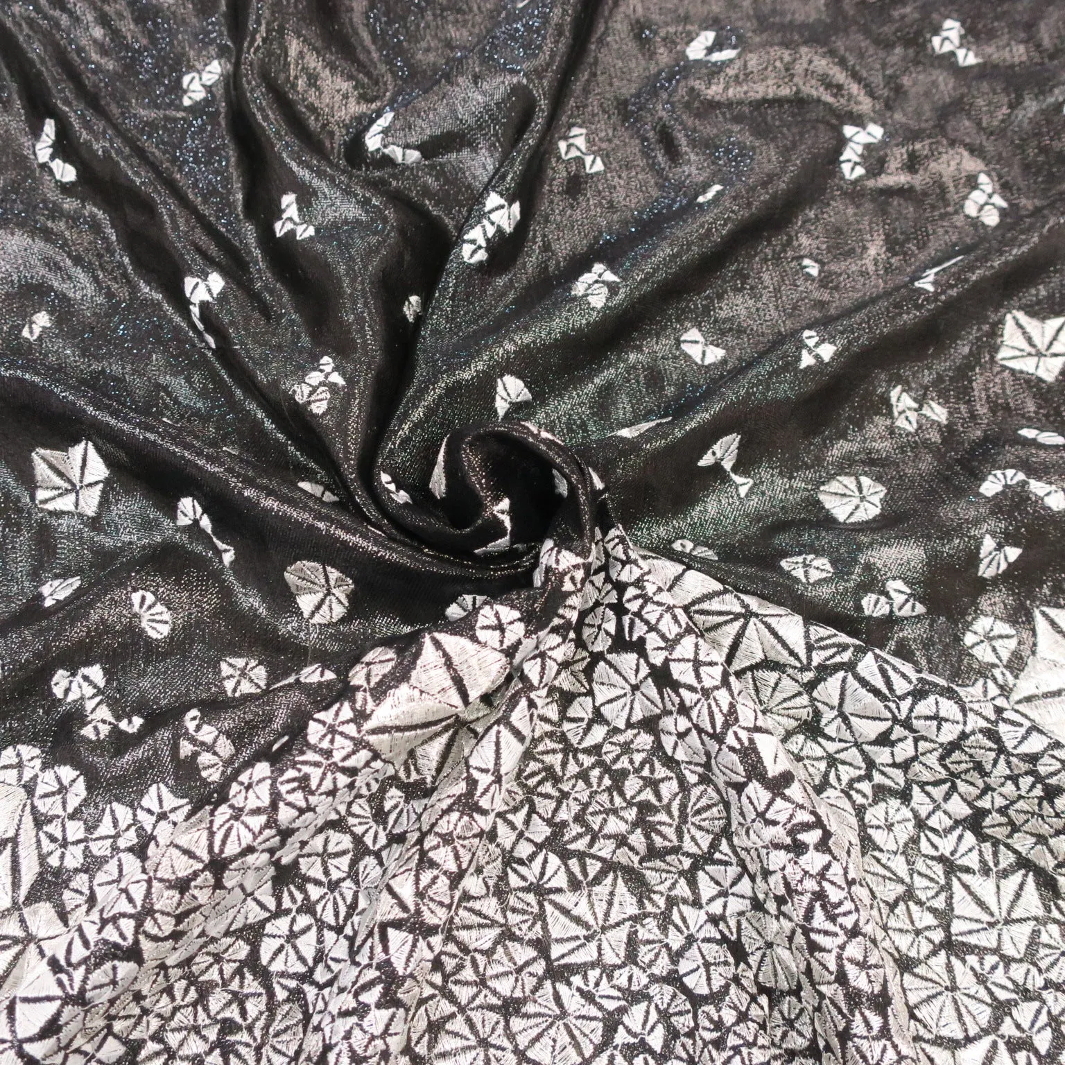 Black Glitter Organza with Silver Abstract Butterflies Embroidered Fabric