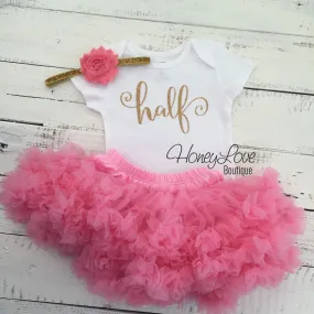 Half Birthday Outfit - Gold Glitter and Coral Pink Pettiskirt