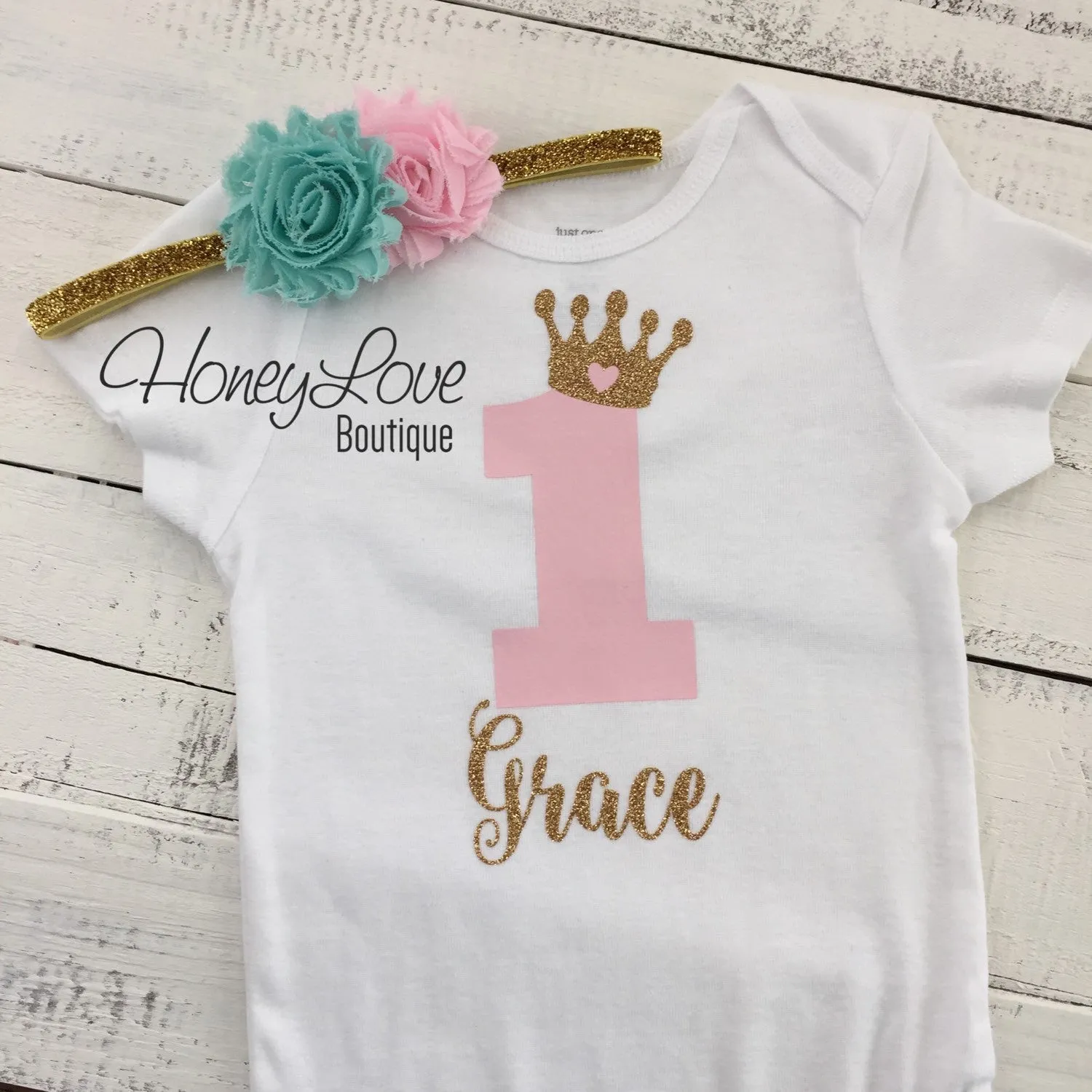 Personalized 1st Birthday Princess Outfit - Gold Glitter, Light Pink and Mint/Aqua