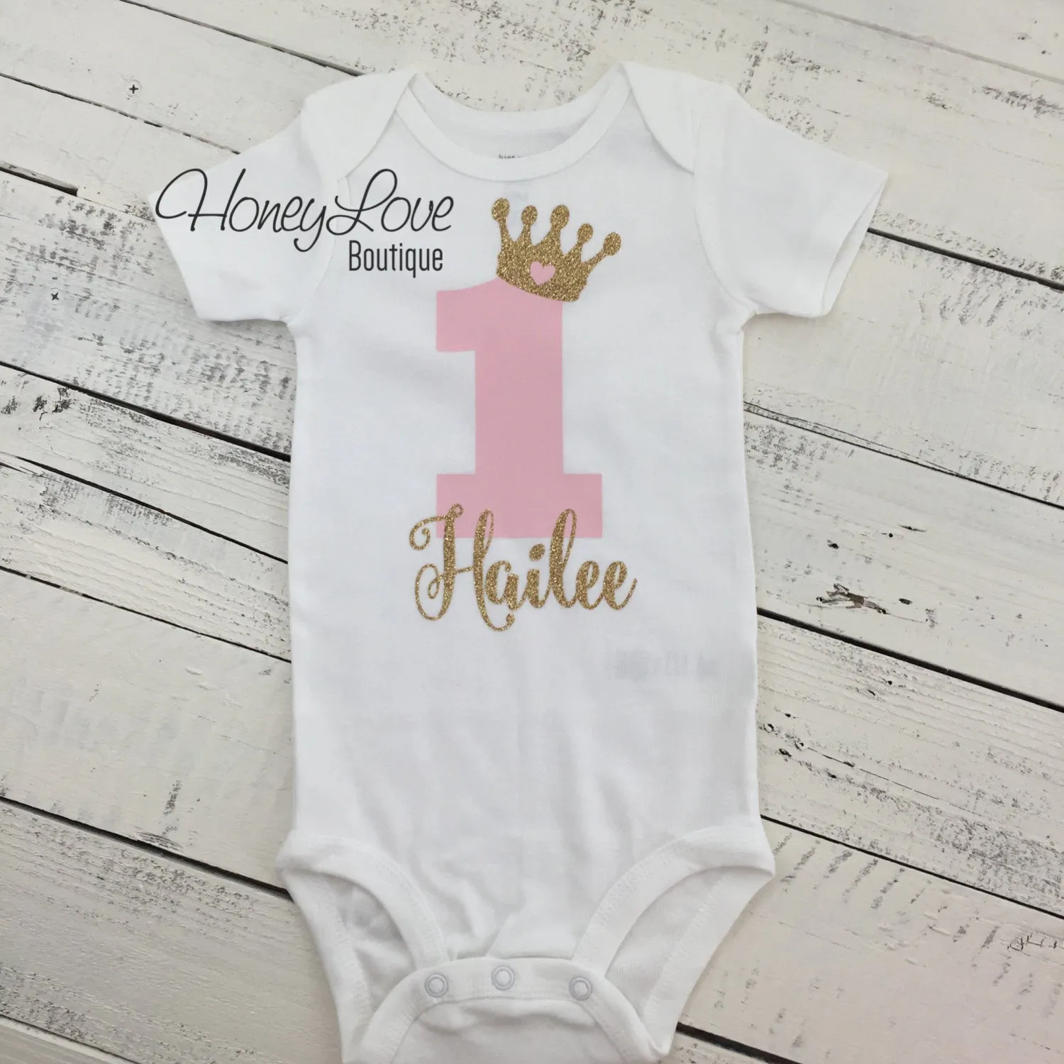 Personalized First Birthday Princess Bodysuit - Light Pink and Gold glitter