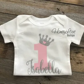 Personalized First Birthday Princess Bodysuit - Light Pink and Silver glitter