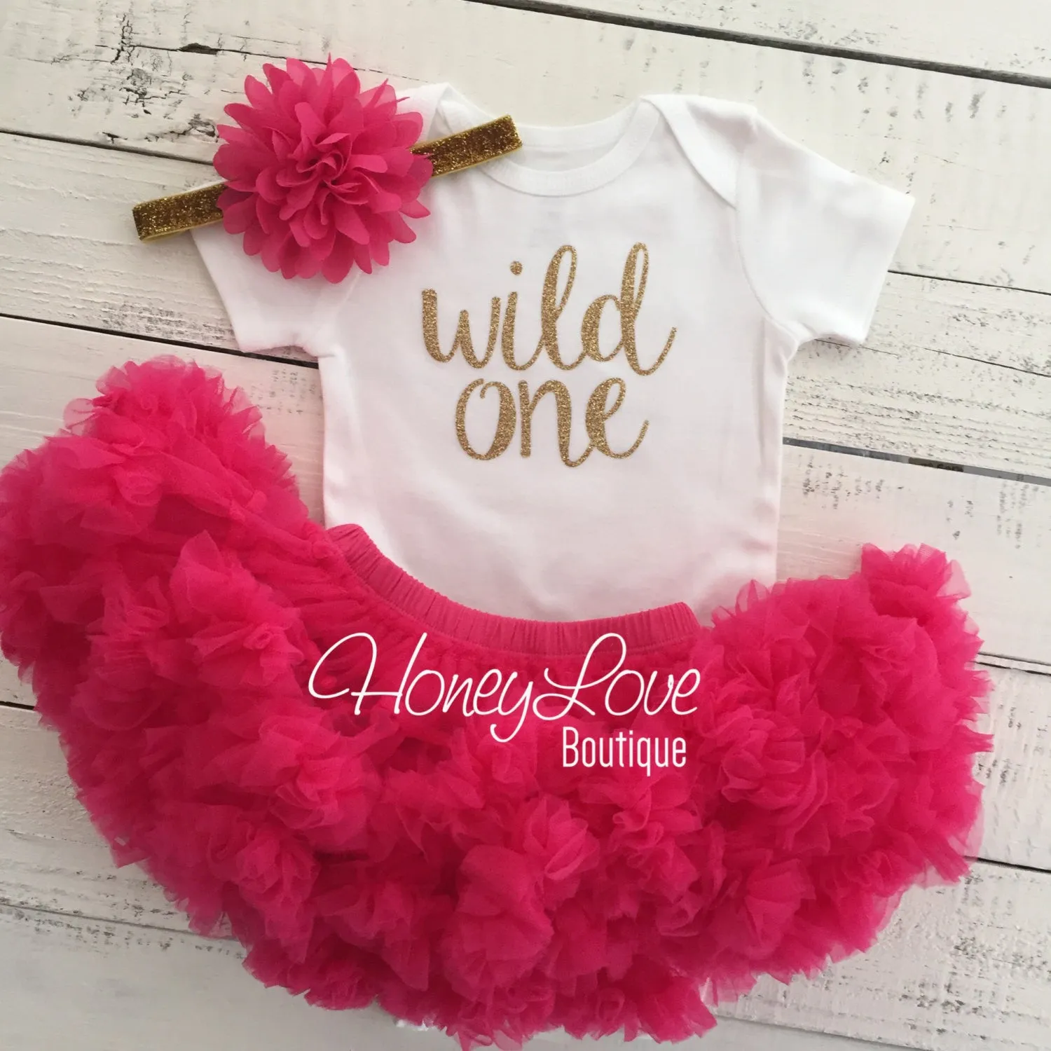 Wild One Birthday Outfit - Silver/Gold and watermelon pink