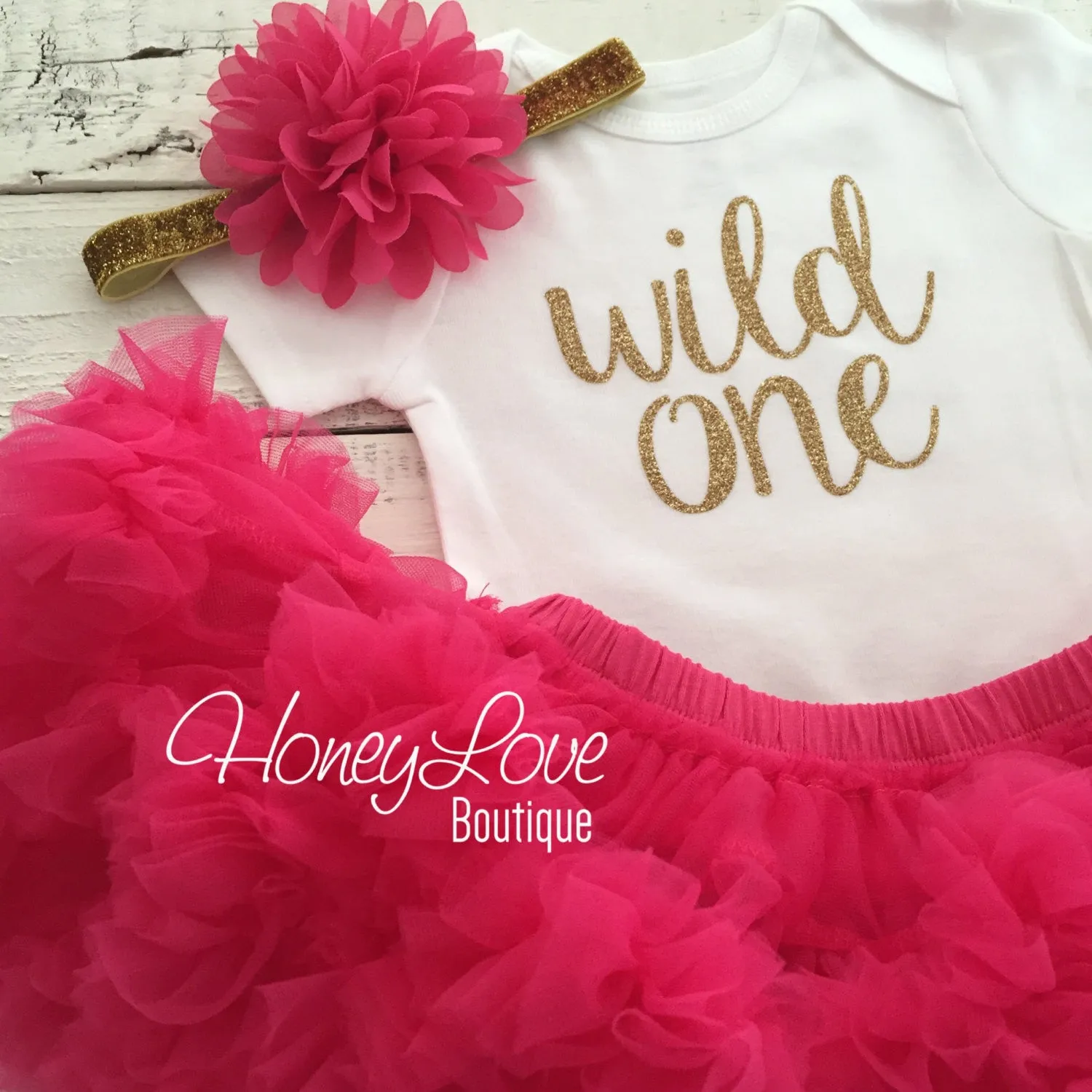 Wild One Birthday Outfit - Silver/Gold and watermelon pink